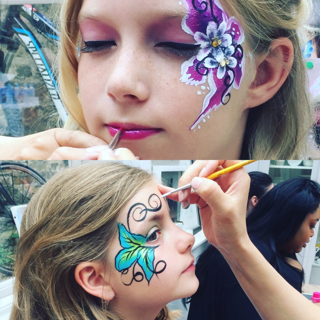 Two girls in a split photo having their face painted.