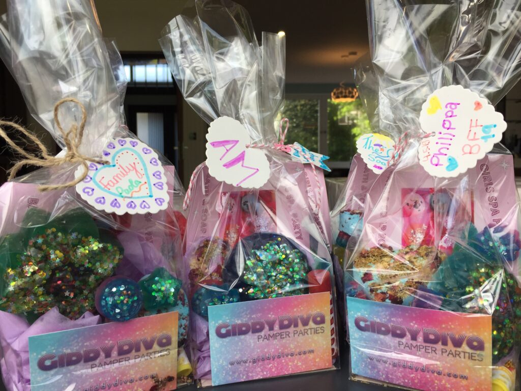 decorated bath-bomb spa party bags