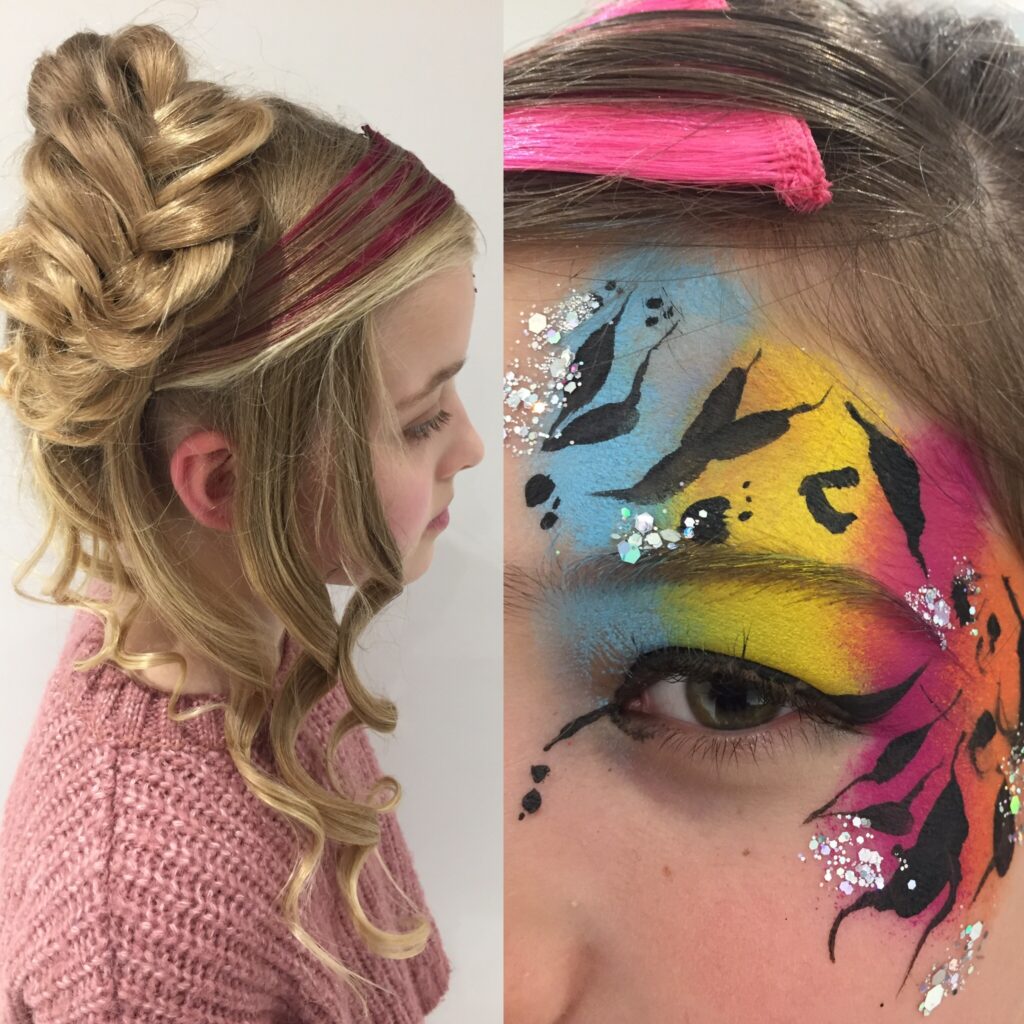 Split picture, one side is of a girl with her hair up in a fishtail plait, The other image is a fluro coloured tiger face painting around the eye.