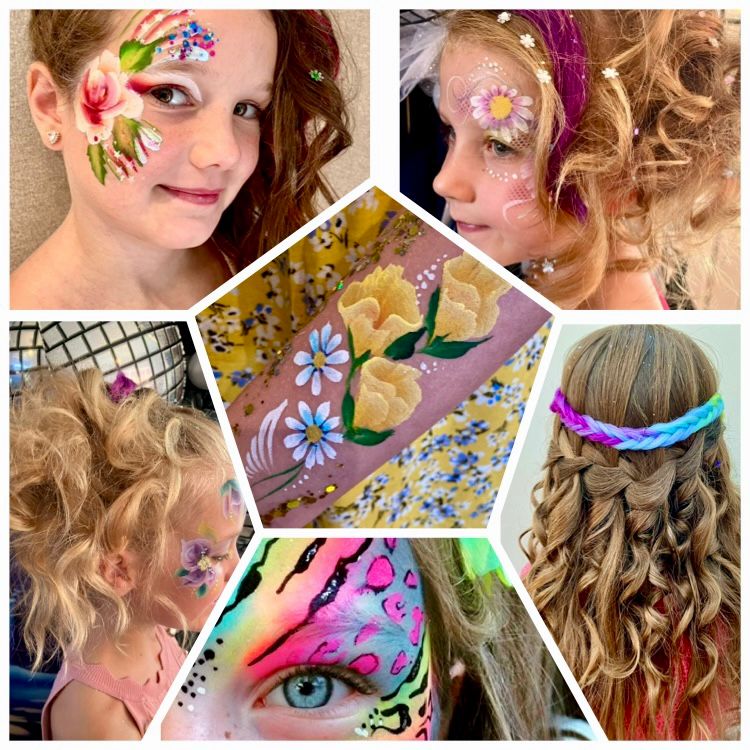 Girls' disco party with images of girls face painting & hairstyles.
