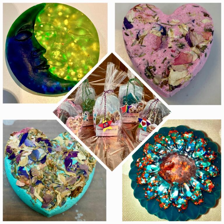 One image displaying five boxes showing two bathbombs, two soaps & giddy diva bags.