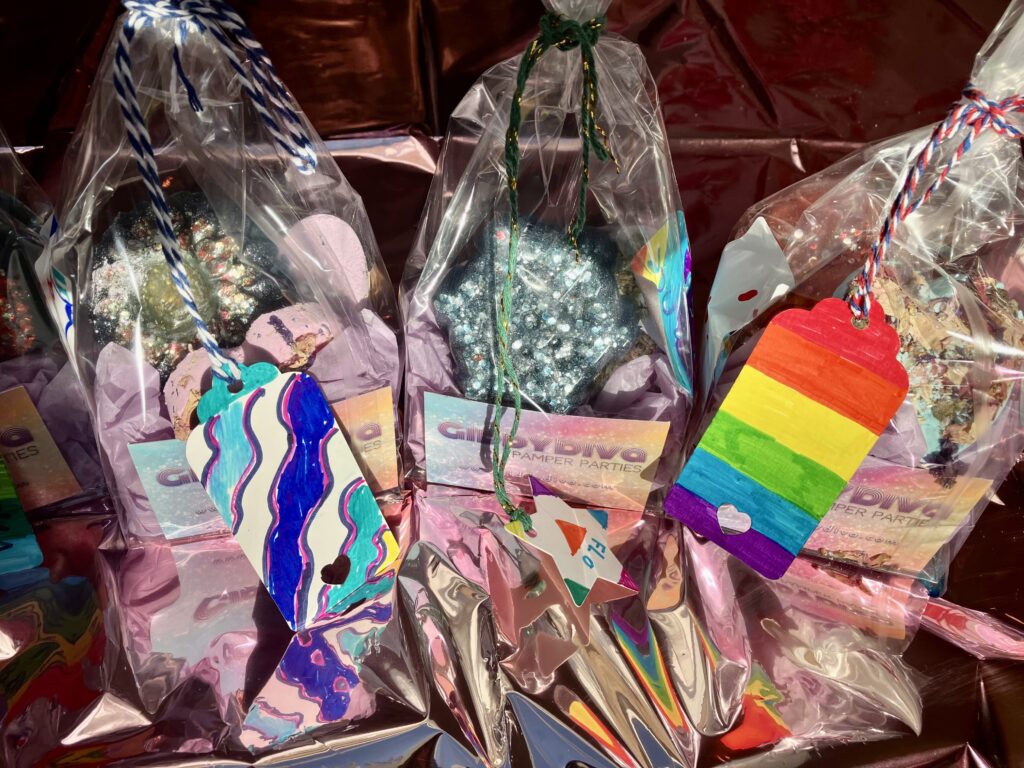 Three decorated bat- bomb party bags