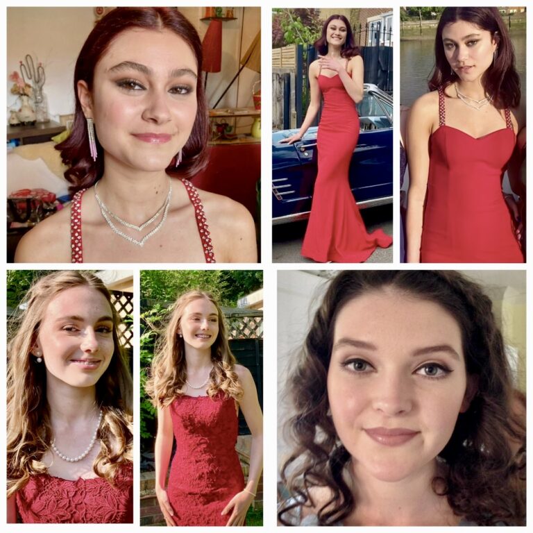 3 different girls dressed in red going to their prom.