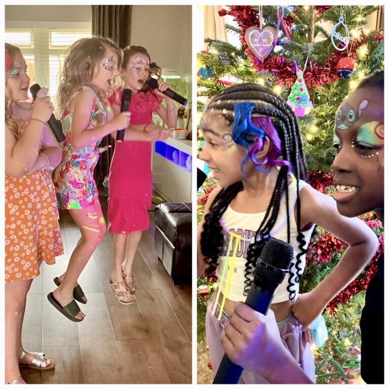 Girls singing into microphone to karaoke having fun.