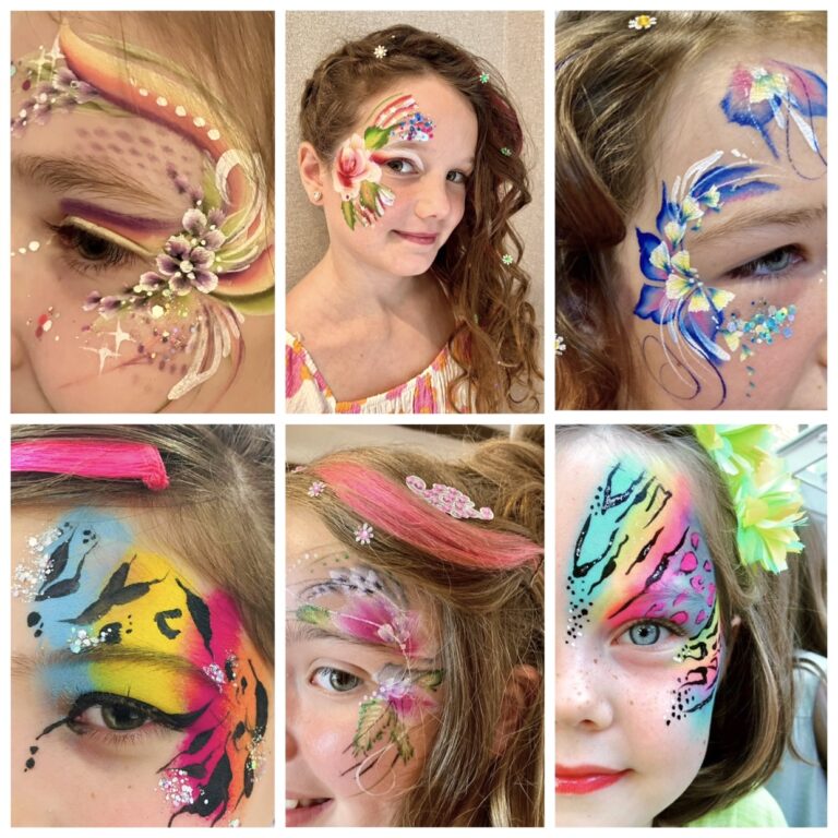 Six different images of face painting/ face art. Some are decorate delicate designs around the eye and some are bold bright coloured designs.